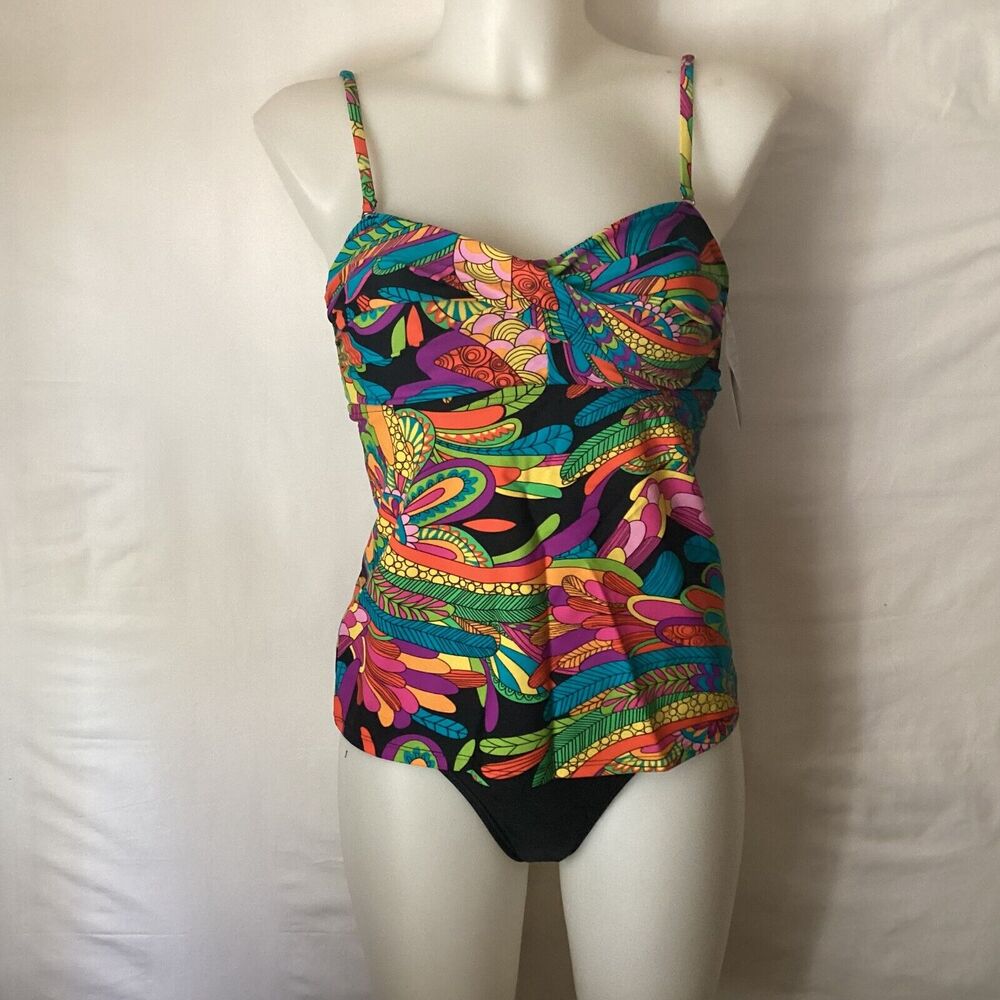 2128  NWT Bikini Bay Funky Feathers Twist Top Bandini w/belt